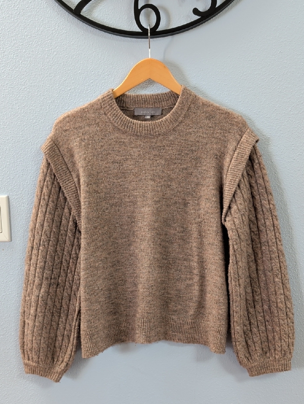 Cobble Lane Cable Sleeve Crewneck Fisherman Sweater in Heather Taupe